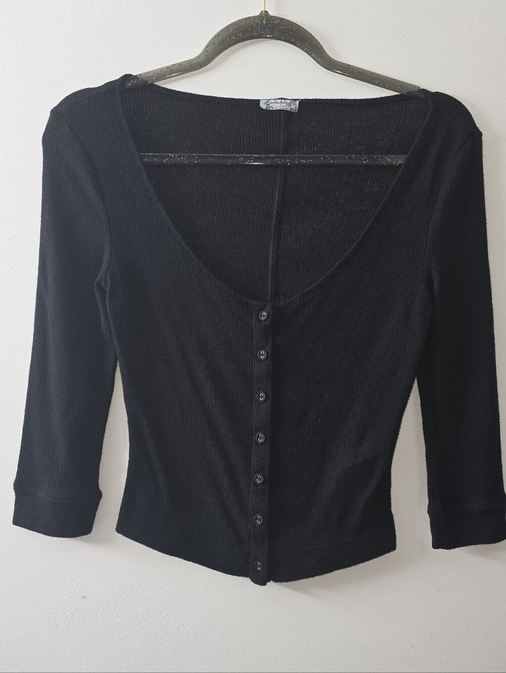 Intimately Free People Black Button Front Lightweight Ribbed Knit Top Size XS